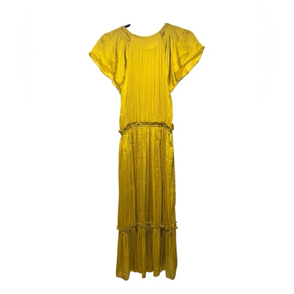 Current Air Anthropologie Gold Silky Smocked Cap Sleeve Midi Dress Size Small - Picture 7 of 8